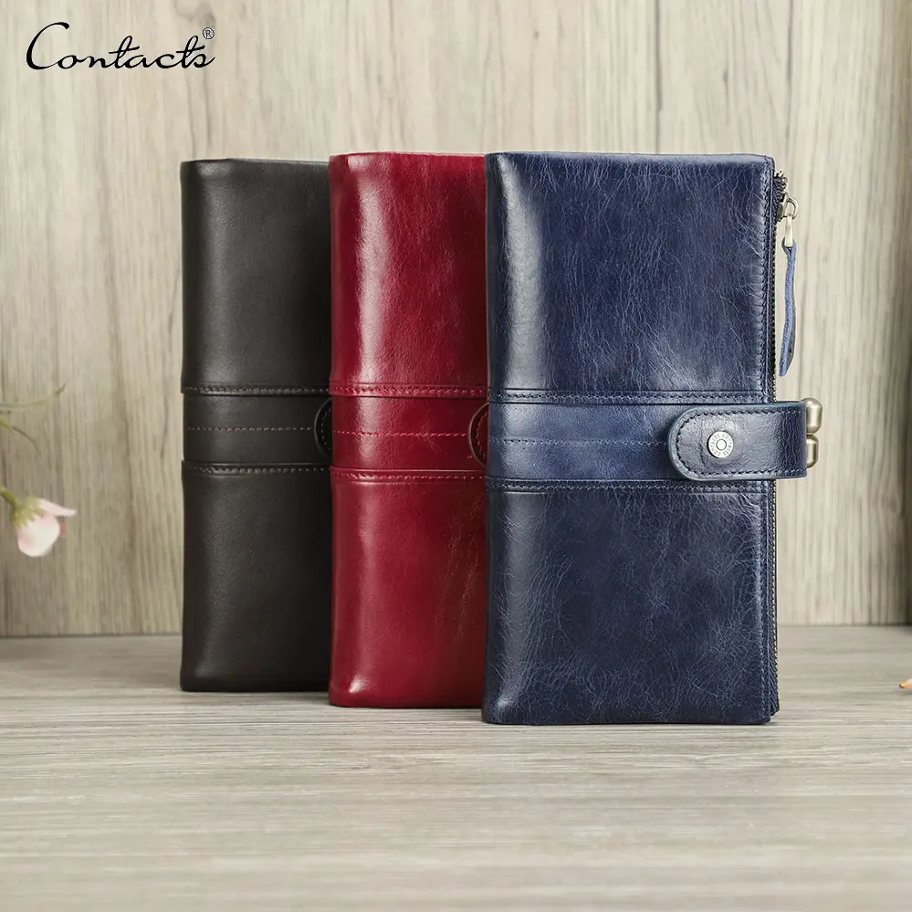 CONTACT'S RFID Blocking Bifold Credit Card Holder Full Grain Leather Women's Long Wallet Blue with Kiss Lock Closure