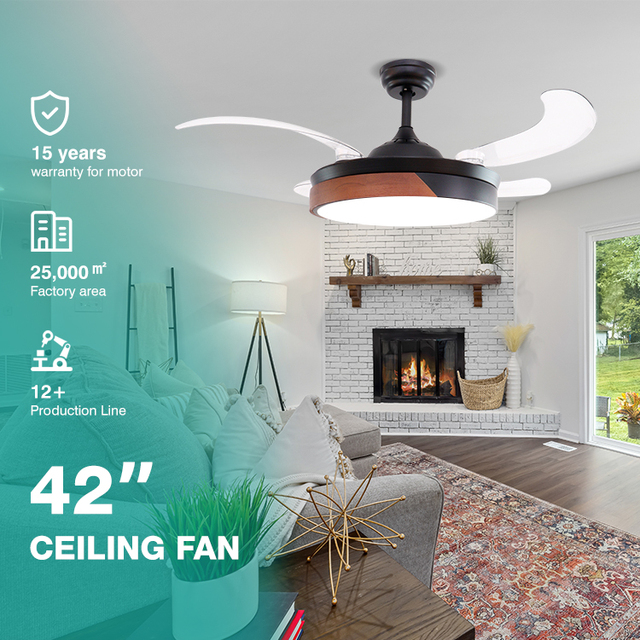 Factory Direct Sale 42 Inch Wood 4 Blades CB CE Approved Smart Control Modern Warm White Light Invisible Ceiling Fan with Light