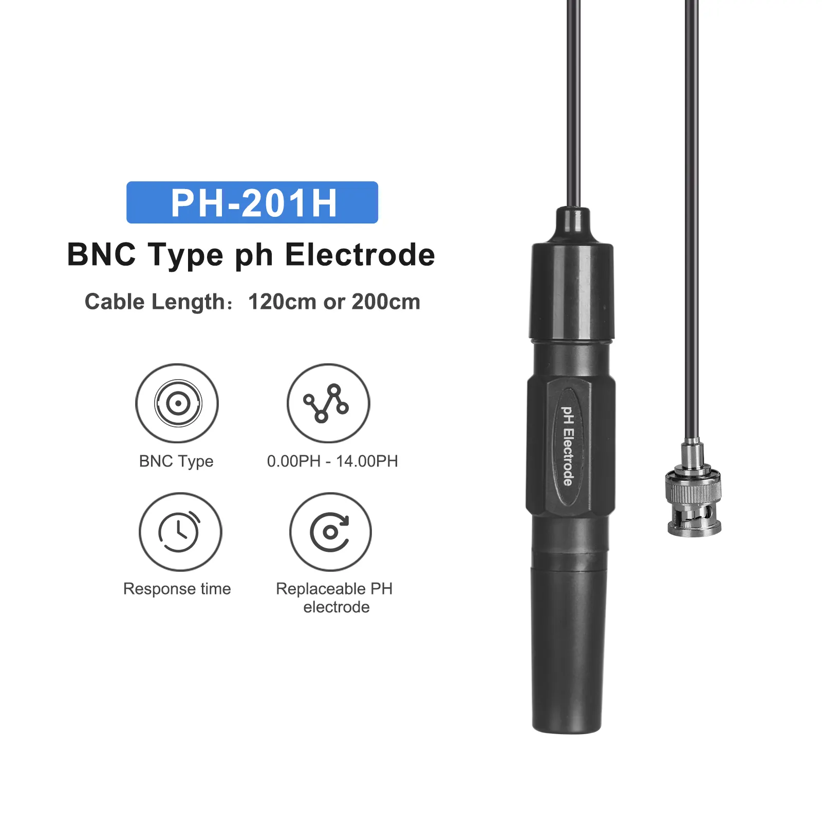 Panjang Kabel 120Cm atau 200Cm 0.00-14,00ph PH Konektor BNC Probe Koneksi PH Elektroda Sensor 50 OHM Soket BNC Elektroda PH