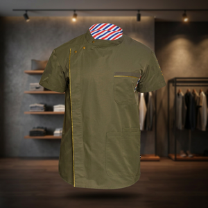 Chaqueta de barbero verde oliva formal Premium hecha de material de poliéster/algodón - Product Image 3