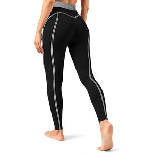 Leggings de yoga taille haute pour femme Fisoew, noirs, sans coutures, avec bande latérale, effet push-up, pantalon de sport extensible pour la gym et la course à pied - Product Image 1