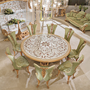 Chaise de salle à manger en bois massif sculpté français luxueux haut de gamme avec revêtement en tissu vert - Product Image 5