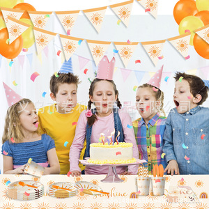 Nouvelles décorations d'anniversaire écologiques en papier pour fête d'anniversaire sur le thème du soleil, vaisselle ronde imprimée numériquement - Product Image 1