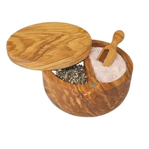 Olive Wood Salt Box Round Wooden Salt Keeper With Lid Olive Wood Seasoning Box Salt and Pepper Keeper