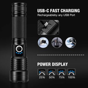 XHP70 Tactical <b>Flashlight</b> Aluminum Alloy IP67 Waterproof Zoomable Adjustable Focus 500-600M Beam Distance USB Rechargeable <b>LED</b> - Product Image 4