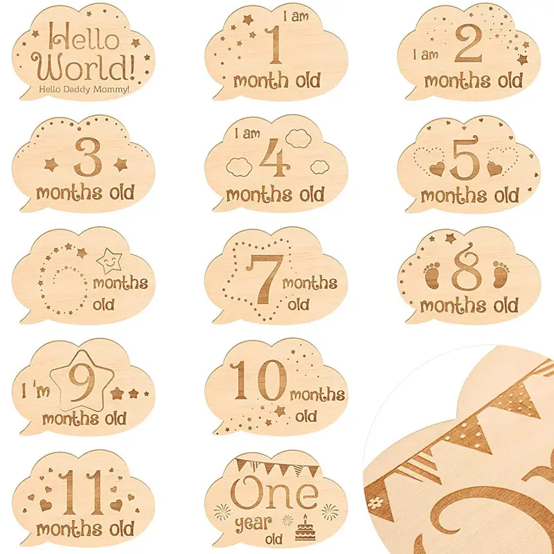 Custsomized Newborn Hello World Wooden Baby Monthly Milestone Wood Sign Cards Shower Souvenir Gift Set