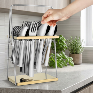 Support à couverts en métal à double niveau avec plateau, résistant à la rouille, support de rangement de cuisine sur pied, design minimaliste - Product Image 6