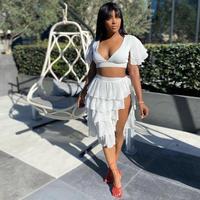 Plus Size Cropped Tops Bluse und Mode Sexy Eleganter Rock Zweiteiliges Short Set für Frauen