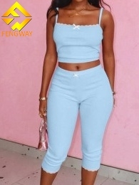 Summer 2 Piece <strong>Outfits</strong> Woman Casual <strong>Pink</strong> Ribbed Knitted Top and Cropped Pants Sets Women - Product Image 4
