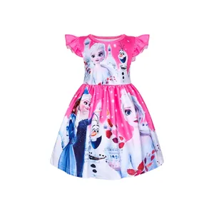 Kids Cartoon Elsa Princess Dresses Children Cosplay Mesh Bubble Dress Girls Frozen Print Clothes 6709