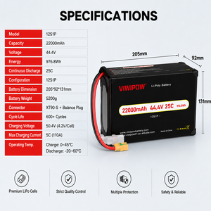 Batterie LiPo 22000mAh 44.4V 25C à durée de vie supérieure avec faisceau de câblage personnalisé pour drone industriel - Product Image 3