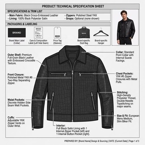 Chaqueta Trucker Personalizada de Cuero Vacuno con Grabado de Cocodrilo para Hombre, Negra, con Cierre Frontal, Bolsillo <span class=keywords><strong>en</strong></span> el Pecho, Cuello de Solapa, Chaqueta de Cuero Genuino, Fabricante OEM ODM - Product Image 2