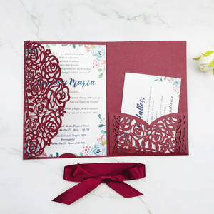 Carte d'invitation coupe Laser pour <span class=keywords><strong>mariage</strong></span>, carton de vœux avec invités triple pli couleur bordeaux, 1 pièce, pour décoration de fête d'anniversaire, nouvelle collection - Product Image 2