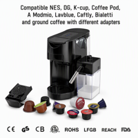 Machine à café multi-capsules OEM ODM avec module mousseur à lait en option, compatible avec diverses capsules et café moulu pour la maison et le bureau