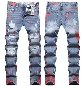 New hot streetwear pintura splatter jeans moda remendos rasgado denim jeans retro stretch skinny jeans homens