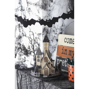 Casa Embrujada Iluminada de Cartón, 10x8.3x13.5 Pulgadas, Negra y Beige, Decoración de Mesa para Halloween, Funciona con Pilas - Product Image 6