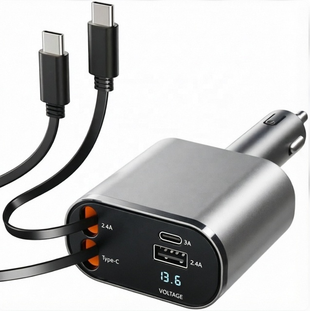 Retractable Car Charger, Supports 180° Rotation Fast Charging and Voltage Display, Smart Temperature Control Multi-Port Adapter