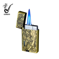 Briquet à double flamme bleue à impact direct, coupe-vent, au gaz butane, en métal, avec logo laser personnalisé, pour cigarettes et cigares