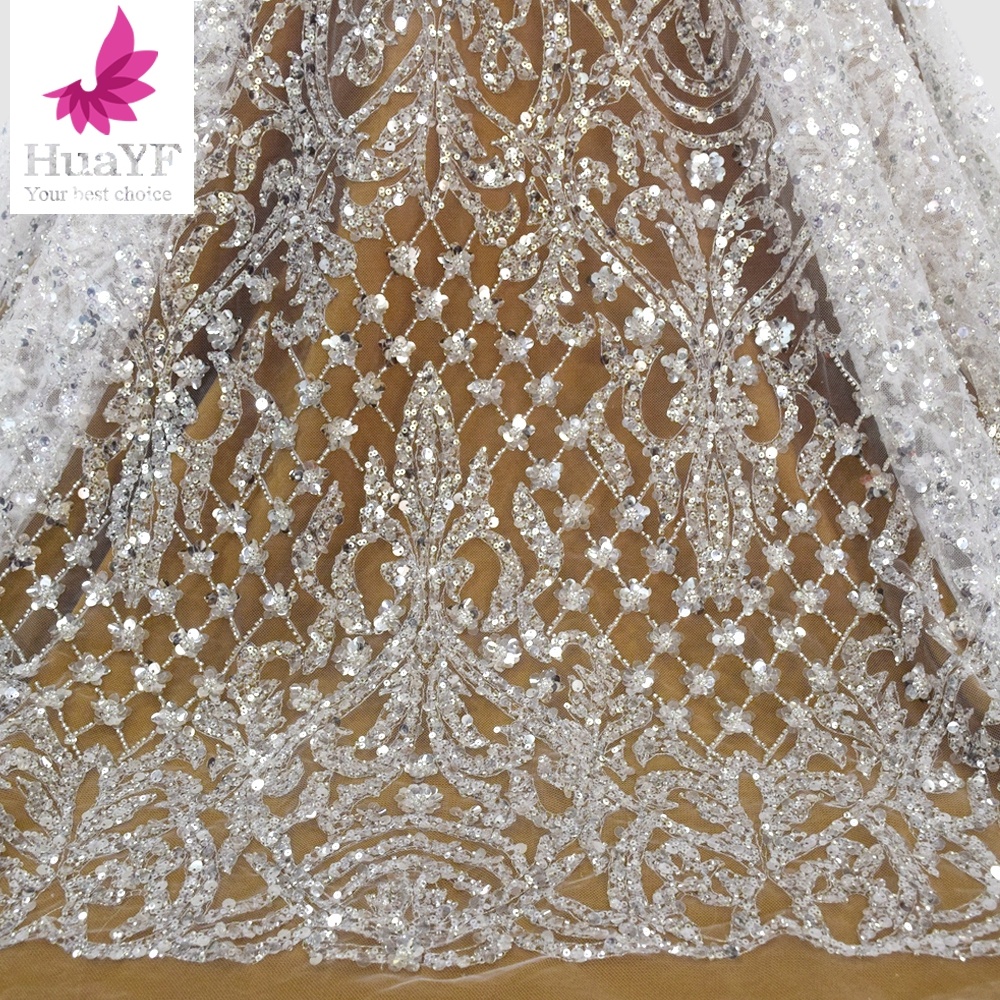 Luxury white bridal beads lace net fabrics with shiny sequins for European style dress HY1689-1