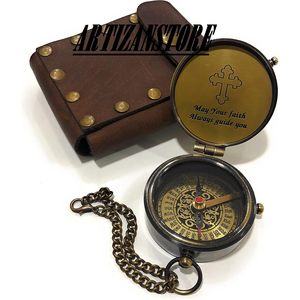Brass <b>Compass</b> Cross <b>Engraved</b> Portable Hanging Ring Type Pointing Guide Faith Gift with Box - Product Image 3