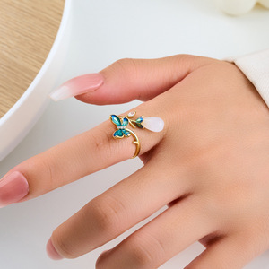 Butterfly Open Ring With Enamel And White Jade Adjustable Index Finger Jewelry Gift - Product Image 2