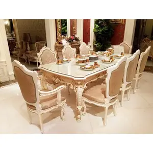 European Style Home Furniture Solid Wood White Antique Dining Table Set 6 Chairs Glass Table Top