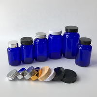 Flacon et pot en verre pharmaceutique bleu cobalt à large ouverture pour capsules et comprimés avec bouchon à filetage continu