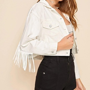 Chaquetas Vaqueras de Mujer con Borlas en el Cuello y Hombros, Estilo Oversize, con Flecos Blancos, de Moda - Product Image 1