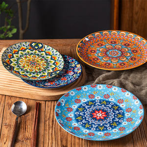 Assiette à steak/pâtes/soupe en céramique de style marocain et bohème, vaisselle ronde, service de table, assiette et bol avec peinture sous glaçure - Product Image 4