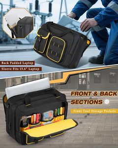 Electrician Tool Bag with Laptop Sleeve Water Resistant Tool Tote with Multiple Pockets for Technicians Black - Product Image 2
