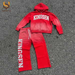 OEM Vintage Streetwear Sun Faded Washed Tracksuit Pearl Embroidery <b>Applique</b> Patch <b>Letter</b> Baggy Flare Sweatpants and Hoodie Sets - Product Image 1