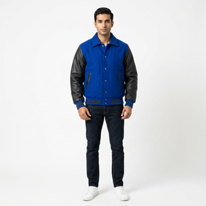 Chaqueta Varsity Azul Rey para Hombre FINER THREADS, Cuello Alto, Mangas de Cuero Negro, Material 100% Algodón, Diseño Bordado, Estilo Casual - Product Image 1