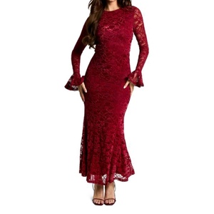 New Design Women's Elegant <b>Red</b> Bodycon Lace Dress Slim Fit <b>Flared</b> Ruffle Cuffs Open Back Casual Party Gown Zippers Natural Waist - Product Image 1