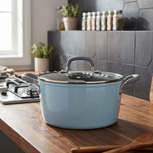 Modern Round Enamel Casserole <b>Pot</b> with Glass <b>Lid</b> and stainless steel bottom - Product Image 5