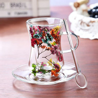 Set Cangkir Teh Bunga Seri Taman Ramadan 27, Cangkir Kopi Dinding Ganda Kaca, Cangkir Cawa Arab dengan Piring dan Sendok Kaca