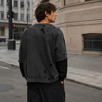 Sudadera para hombre de algodón grueso con capa de felpa, lavado ácido, desgastada y rasgada, color negro, suministro al por mayor