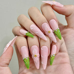 Faux ongles à presser, longs, <span class=keywords><strong>vert</strong></span> clair rose, avec fleurs sculptées en 3D et petits diamants, forme goutte <span class=keywords><strong>d</strong></span>'<span class=keywords><strong>eau</strong></span> - Product Image 2