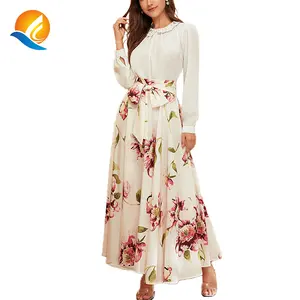 Jupe longue décontractée à imprimé floral pour femmes, tenue maxi taille haute, avec fermeture éclair et ceinture, à nouer devant, couleur beige, nouvelle collection été