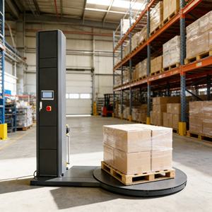 آلة تغليف البالتات الكهربائية الأوتوماتيكية بالكامل من واليباك للخدمات اللوجستية في المستودعات، تستخدم فيلم البولي إيثيلين الممدد مسبقًا للتغليف العمودي - Product Image 2