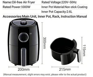 <span class=keywords><strong>Friteuse</strong></span> à air électrique ronde de 2,6 L, 1000 W, 220 V, 50 Hz, <span class=keywords><strong>friteuse</strong></span> à air sans huile pour la maison, noire - Product Image 4