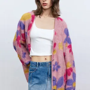 패션 좋은 다채로운 꽃 자카드 숙녀 여자 색상 조합 카디건 스웨터