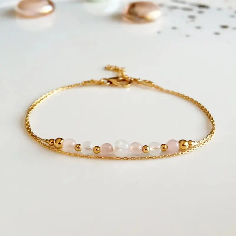 Dainty rose quartz moonstone healing crystal gold layering bracelet natural gemstone charm stackable bracelet women jewelry