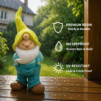 Statue de gnome de jardin en résine personnalisée avec base rocheuse, champignons et panneau amusant pour la décoration de jardin de fleurs et de patio