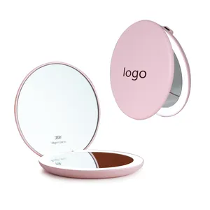 Round Magnifying Led Portable Touch Screen Cute Makeup Mirror Vanity Mirror With Lights Compact Pocket Make up Hand Mirror Logo