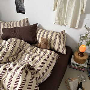 Juego de Ropa de Cama Vintage a Rayas Color Café, 3 Piezas, de Lujo, Suave, de Algodón con Aloe, Grueso y Cálido, para Dormitorio Moderno - Product Image 2