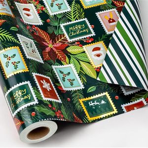 Rollo de Papel de Regalo Navideño Reversible, Diseño de Rayas con Estampado Metálico Verde, 46.5 Pies Cuadrados, Papel para Envolver Regalos para la Temporada Festiva - Product Image 1