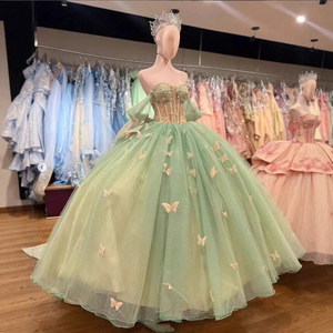 Light Green Off The Shoulder Ball Gown With Butterfly Applique Empire Waistline Evening Dress - Product Image 3