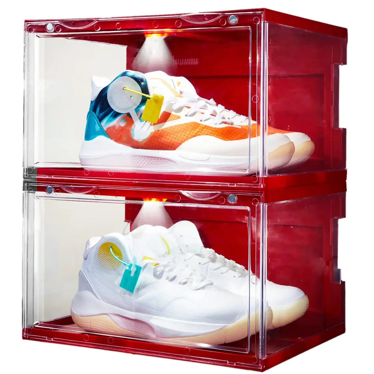 LED 스니커즈 쌓을 수있는 플라스틱 컬렉션 보관 용기 마그네틱 오픈 슈즈 주최자 투명 아크릴 신발 디스플레이 케이스