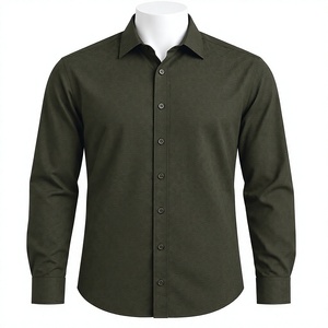 Camisa de Vestir Casual para Hombre, Color Verde Oliva, Manga Larga, Cuello Mao, Patrón Geométrico Sutil, 100% Algodón Transpirable - Product Image 1