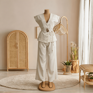 <span class=keywords><strong>Conjunto</strong></span> de Pantalones sin Mangas de Color Sólido con Botones y Cintura Alta de Satén, <span class=keywords><strong>Conjunto</strong></span> <span class=keywords><strong>Formal</strong></span> de Oficina para <span class=keywords><strong>Mujer</strong></span> a la Moda, Precio Bajo al por Mayor - Product Image 3